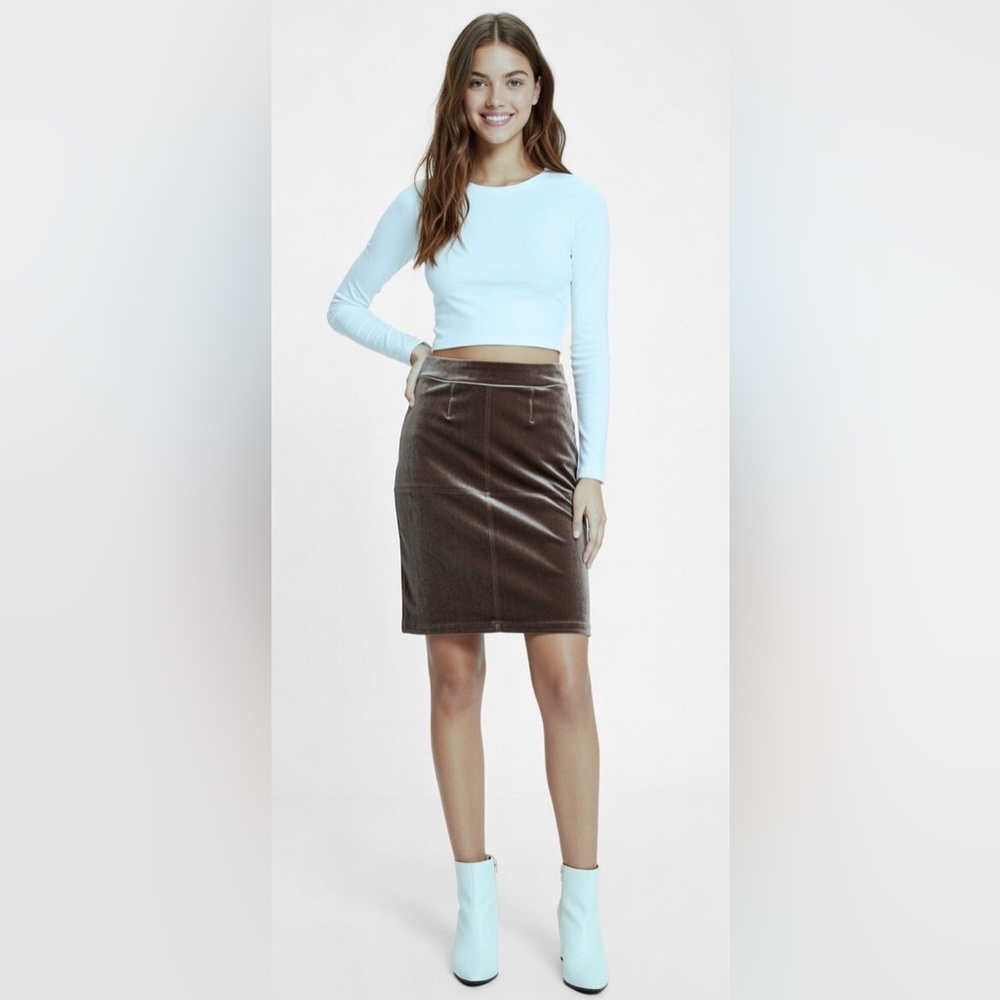 Calvin Klein Faux Suede Zipper Detail Pencil Skirt Brown Sz 4 Gold Zipper Detail